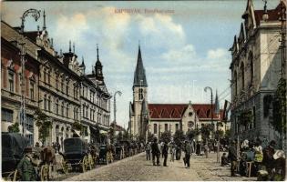 1912 Kaposvár, Erzsébet utca, lovaskocsik, piac, üzletek, drogéria, gyógyszertár. Szalai Ferenc kiadása (kopott sarkak / worn corners)