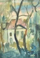 Litkei József (1924-1988): Ház a fák mögött. Akvarell, papír, jelzett a hátoldalán. 42,5x29 cm