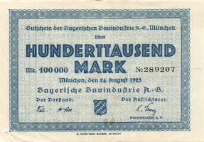 Német Birodalom/Weimari Köztársaság/München/Bayerische Bauindustrie A.-G. 1923.9.24. 100.000M T:II