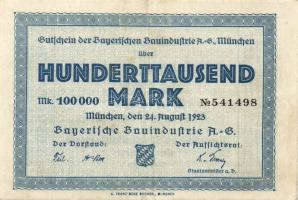 Német Birodalom/Weimari Köztársaság/München/Bayerische Bauindustrie A.-G. 1923.9.24. 100.000M T:II
