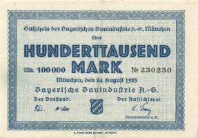 Német Birodalom/Weimari Köztársaság/München/Bayerische Bauindustrie A.-G. 1923.9.24. 100.000M T:II