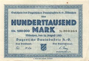 Német Birodalom/Weimari Köztársaság/München/Bayerische Bauindustrie A.-G. 1923.9.24. 100.000M T:II