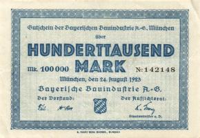 Német Birodalom/Weimari Köztársaság/München/Bayerische Bauindustrie A.-G. 1923.9.24. 100.000M T:II