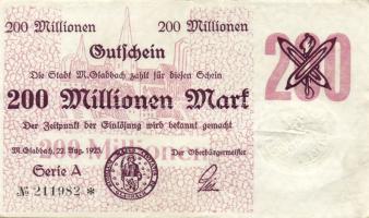 Német Birodalom/Weimari Köztársaság/München-Gladbach 1923.8.22. 200.000.000M T:II-