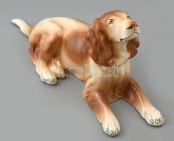 Fajansz kutya, kézzel festett, jelzett, kis kopással, h: 35 cm, m: 16cm