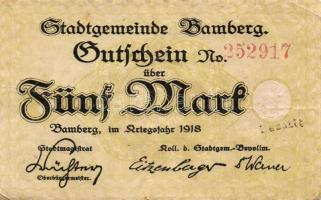 Német Birodalom/Weimari Köztársaság/Bamberg 1918. 5M piros sorszámmal, hivatalos érvénytelenítéssel T:II/III
