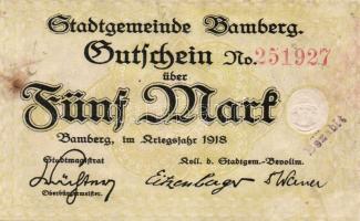 Német Birodalom/Weimari Köztársaság/Bamberg 1918. 5M piros sorszámmal, hivatalos érvénytelenítéssel T:II/III