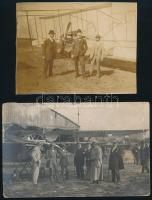 cca 1910-1920 Férfiak repülőgéppel, 2 db fotó, egyik felülete foltos, másikon sérülések, 8,5×11,5 és 9×14 cm