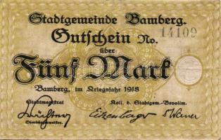 Német Birodalom/Weimari Köztársaság/Bamberg 1918. 5M fekete sorszámmal T:II/III