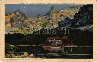 1921 Tátra, Magas-Tátra, Vysoké Tatry; A Menguszfalvi-völgy a Poprádi-tóval és Kopkival. Földes Samu kiadása / Mengsdorfské údolie s Kopkou z popradského jazera / Mengsdorfer Tal mit Kopki vom Poppersee / lake, valley, mountain peak (EK)