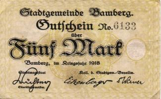 Német Birodalom/Weimari Köztársaság/Bamberg 1918. 5M fekete sorszámmal T:II/III