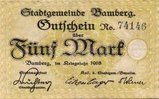 Német Birodalom/Weimari Köztársaság/Bamberg 1918. 5M fekete sorszámmal T:II/III