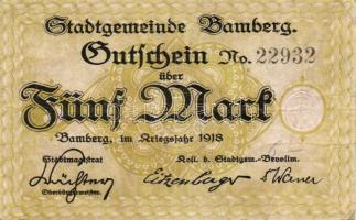 Német Birodalom/Weimari Köztársaság/Bamberg 1918. 5M fekete sorszámmal T:II/III