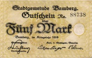 Német Birodalom/Weimari Köztársaság/Bamberg 1918. 5M fekete sorszámmal T:II/III