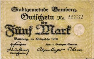Német Birodalom/Weimari Köztársaság/Bamberg 1918. 5M fekete sorszámmal T:II/III