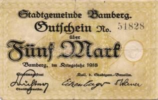 Német Birodalom/Weimari Köztársaság/Bamberg 1918. 5M fekete sorszámmal T:II/III