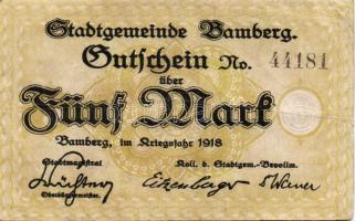 Német Birodalom/Weimari Köztársaság/Bamberg 1918. 5M fekete sorszámmal T:II/III