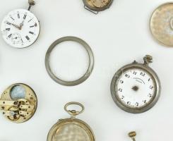 Nagy órás tétel: számlapok, zománc és porcelán, zsebóra szerkezetek, tokok, mind régiek, hozzá egy m...
