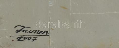 Frumen 2007 jelzéssel: Búcsú. Olaj, rétegelt fa lemez, 50x64cm, sérült