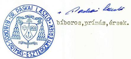 1988 Paskai László hercegprímás aláírása Bozó Gyulának szoló köszönőlevélen