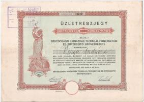 Békéscsaba 1922. Békéscsabai Kisgazdák Termelő, Fogyasztási és Értékesítő Szövetkezete üzletrészjegye 2000K-ról, szárazpecséttel, béylegzéssel, szelvényekkel T:II fo.