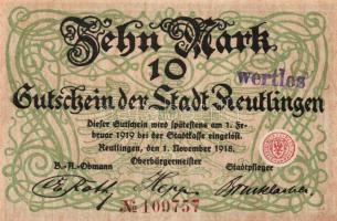 Német Birodalom/Császárság/Reutlingen 1918.11.1. 10M (2x) egymásutáni sorszámmal, hivatalos érvénytelenítéssel T:I