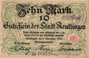 Német Birodalom/Császárság/Reutlingen 1918.11.1. 10M (2x) egymásutáni sorszámmal, hivatalos érvényte...