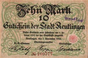 Német Birodalom/Császárság/Reutlingen 1918.11.1. 10M (3x) egymásutáni sorszámmal, hivatalos érvénytelenítéssel T:I