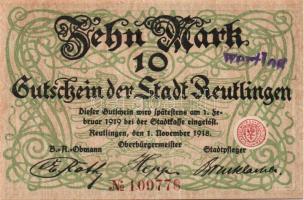 Német Birodalom/Császárság/Reutlingen 1918.11.1. 10M (3x) egymásutáni sorszámmal, hivatalos érvényte...