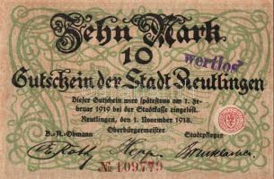 Német Birodalom/Császárság/Reutlingen 1918.11.1. 10M (3x) egymásutáni sorszámmal, hivatalos érvényte...