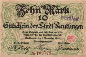 Német Birodalom/Császárság/Reutlingen 1918.11.1. 10M (5x) egymásutáni sorszámmal, hivatalos érvénytelenítéssel T:I