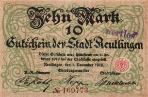 Német Birodalom/Császárság/Reutlingen 1918.11.1. 10M (5x) egymásutáni sorszámmal, hivatalos érvényte...