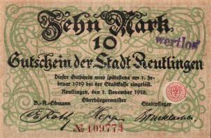 Német Birodalom/Császárság/Reutlingen 1918.11.1. 10M (5x) egymásutáni sorszámmal, hivatalos érvényte...
