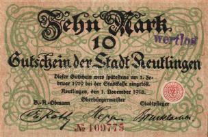 Német Birodalom/Császárság/Reutlingen 1918.11.1. 10M (5x) egymásutáni sorszámmal, hivatalos érvényte...