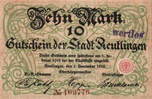 Német Birodalom/Császárság/Reutlingen 1918.11.1. 10M (5x) egymásutáni sorszámmal, hivatalos érvényte...