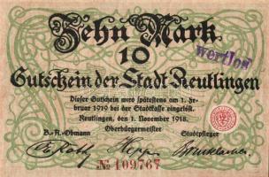 Német Birodalom/Császárság/Reutlingen 1918.11.1. 10M (5x) egymásutáni sorszámmal, hivatalos érvénytelenítéssel T:I