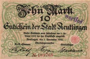 Német Birodalom/Császárság/Reutlingen 1918.11.1. 10M (5x) egymásutáni sorszámmal, hivatalos érvényte...