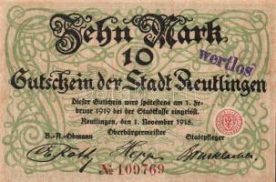 Német Birodalom/Császárság/Reutlingen 1918.11.1. 10M (5x) egymásutáni sorszámmal, hivatalos érvényte...