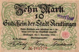 Német Birodalom/Császárság/Reutlingen 1918.11.1. 10M (5x) egymásutáni sorszámmal, hivatalos érvényte...