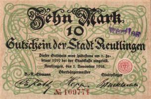 Német Birodalom/Császárság/Reutlingen 1918.11.1. 10M (5x) egymásutáni sorszámmal, hivatalos érvényte...