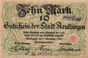 Német Birodalom/Császárság/Reutlingen 1918.11.1. 10M (5x) egymásutáni sorszámmal, hivatalos érvénytelenítéssel T:I