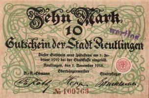 Német Birodalom/Császárság/Reutlingen 1918.11.1. 10M (5x) egymásutáni sorszámmal, hivatalos érvényte...