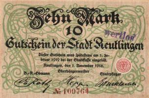 Német Birodalom/Császárság/Reutlingen 1918.11.1. 10M (5x) egymásutáni sorszámmal, hivatalos érvényte...