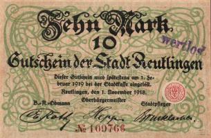 Német Birodalom/Császárság/Reutlingen 1918.11.1. 10M (5x) egymásutáni sorszámmal, hivatalos érvényte...