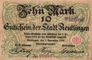 Német Birodalom/Császárság/Reutlingen 1918.11.1. 10M (5x) egymásutáni sorszámmal, hivatalos érvénytelenítéssel T:I