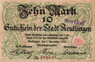 Német Birodalom/Császárság/Reutlingen 1918.11.1. 10M (5x) egymásutáni sorszámmal, hivatalos érvényte...