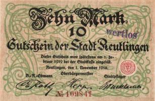 Német Birodalom/Császárság/Reutlingen 1918.11.1. 10M (5x) egymásutáni sorszámmal, hivatalos érvényte...