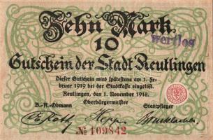 Német Birodalom/Császárság/Reutlingen 1918.11.1. 10M (5x) egymásutáni sorszámmal, hivatalos érvényte...