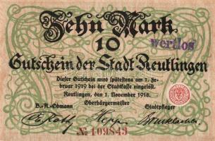 Német Birodalom/Császárság/Reutlingen 1918.11.1. 10M (5x) egymásutáni sorszámmal, hivatalos érvényte...