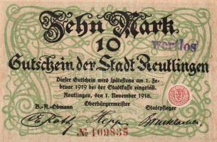 Német Birodalom/Weimari Köztársaság/Reutlingen 1918.11.1. 10M (5x) egymásutáni sorszámmal, hivatalos...